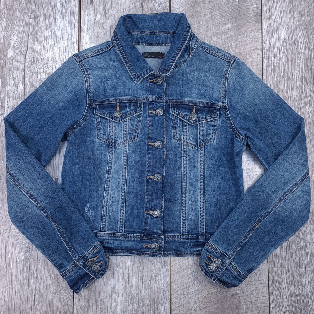 prAna Denim Jacket Women XS Blue Distressed Ornate Button Trucker